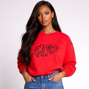 Bright Red Sweatshirt with Keith Haring signature images, Small-XS